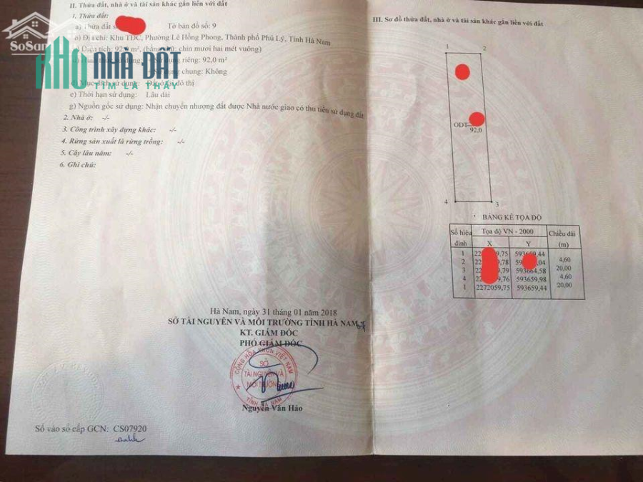 Chính chủ bán lô đất 92 m2 tái định cư Hoàng Văn Thụ, Phủ Lý, Hà Nam