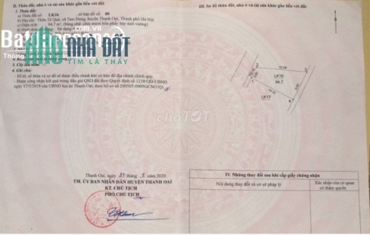 Cần bán lô đất đấu giá LK16 khu Tê Quả, Tam Hưng, Thanh Oai, 25tr/m2; 0912169686.