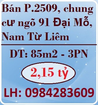 Chính chủ bán căn 2509, chung cư ngõ 91 Đại Mỗ, Nam Từ Liêm, 2,15tỷ, 0984283609