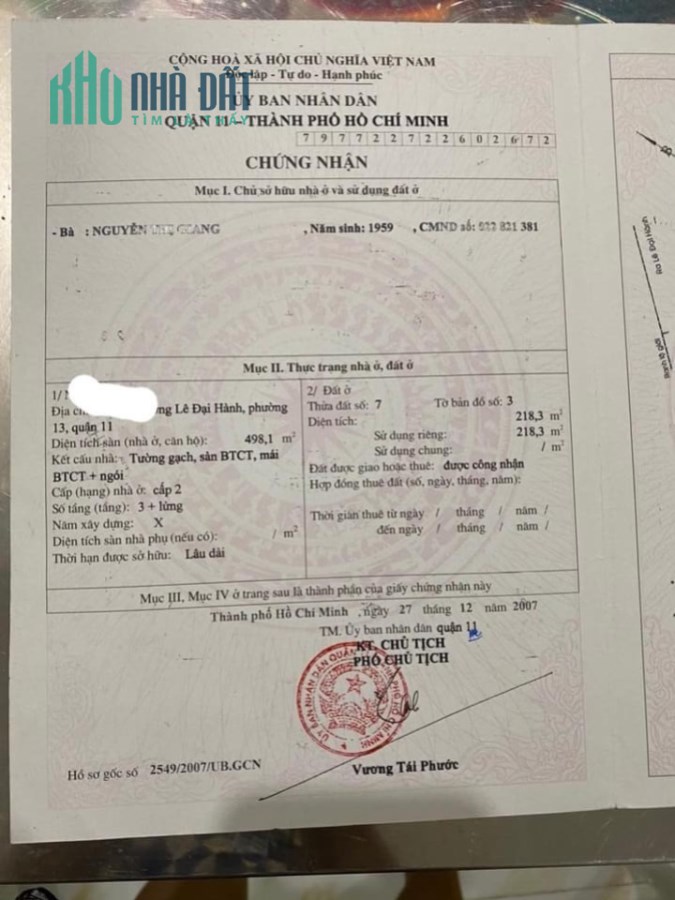 Nhà 1/ Lê Đại Hành . P11 .Q11 . DT 218m2