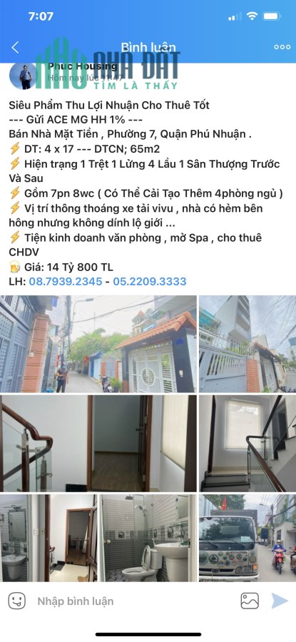 Bán nhà mặt tiền phường 7 Quận Phú Nhuận