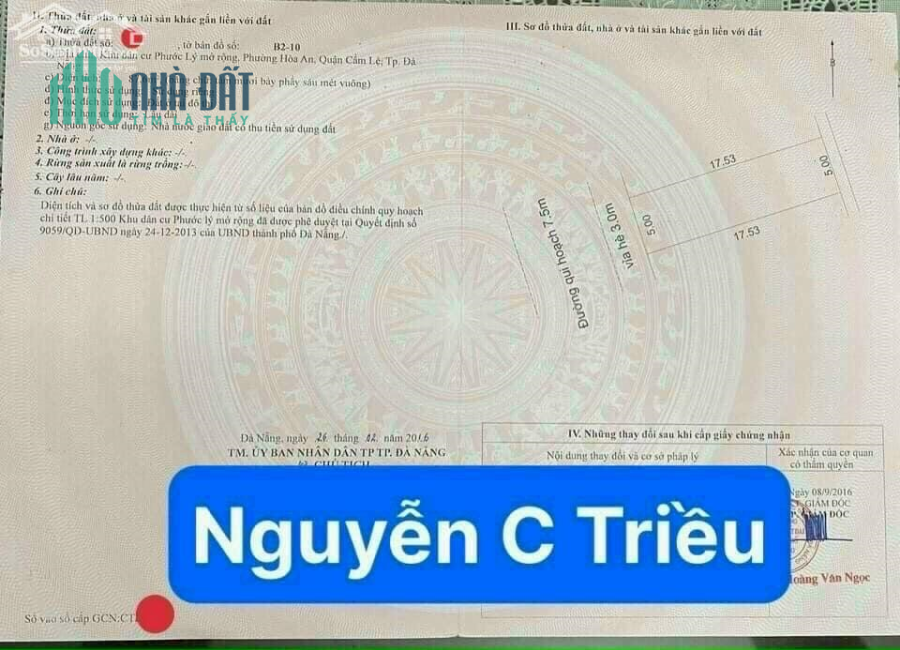 BÁN ĐẤT MT NGUYỄN CÔNG TRIỀU-HOÀ AN-CẨM LỆ