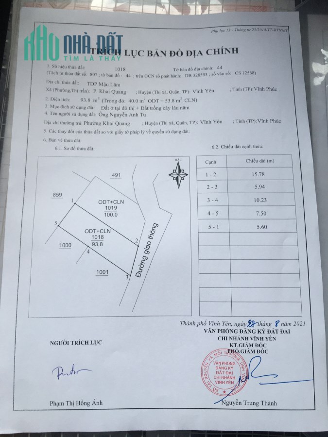 Bán 2 ô đât liền nhau Mậu Lâm, Khai Quang, Vĩnh Yên  93,8m2, giá: 1,25 Tỷ. Liên hệ: 0986.797.222