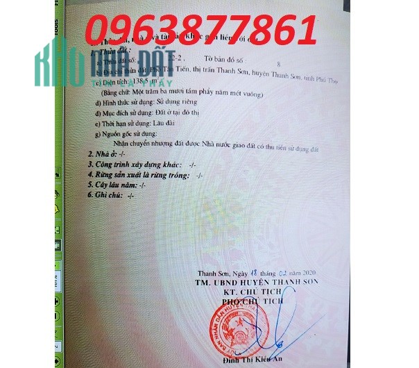 Bán đất vị trí đẹp tại Tân Chiến, TT Thanh Sơn, Thanh Sơn, Phú Thọ, 0963877861