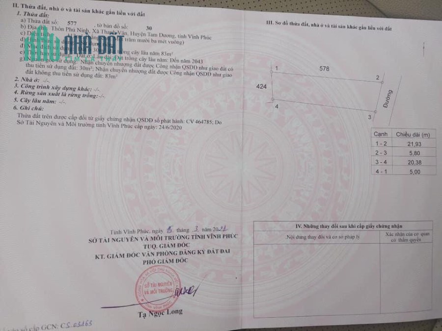 Bán 113m2. Phú Ninh, Thanh Vân, Tam Dương. 650tr.Liên hệ: 0986.454.393 -0986.797.222