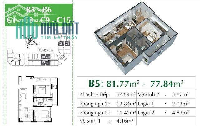 Bán chung cư Eco City căn góc 2PN, DT 77.84m2 hướng Đông Nam LH: 0855.236789