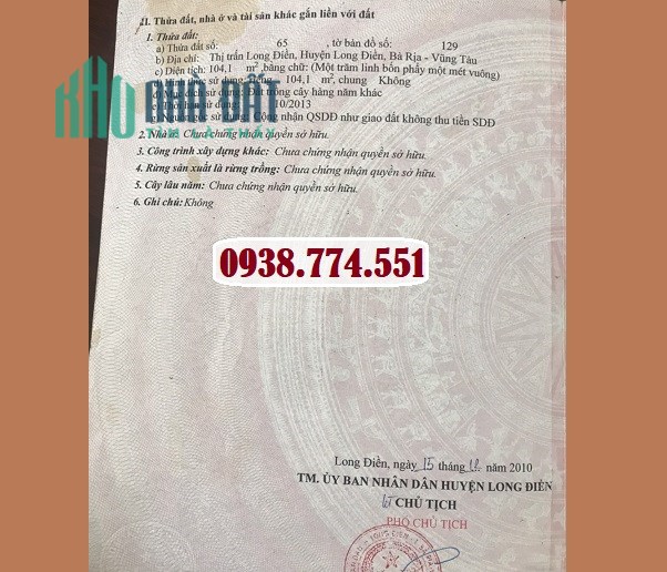 Bán nhà mặt tiền 135 đường Bùi Công Minh, Long Điền, BRVT; 2,7 tỷ; 0938774551
