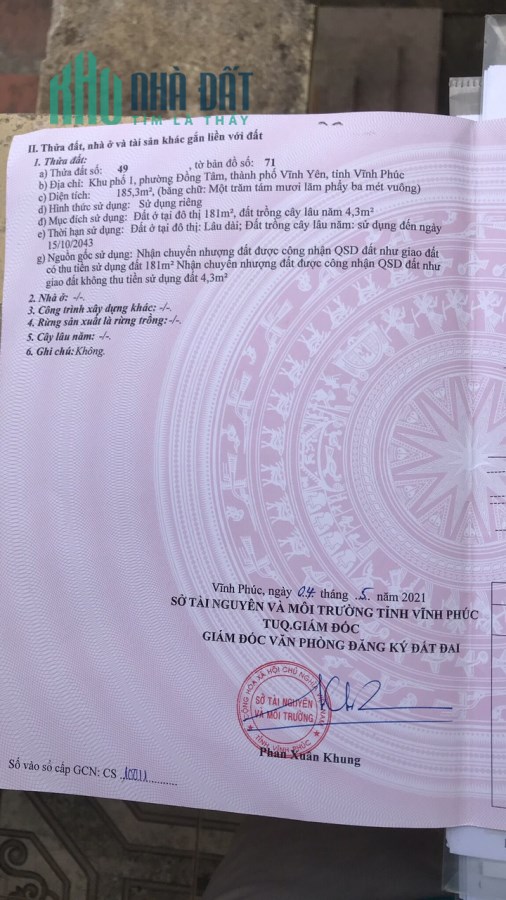 Bán đất mặt đường Hùng Vương, Đồng Tâm, Vĩnh Yên 185m2, giá: 10,x Tỷ.Liên hệ: 0986.454.393