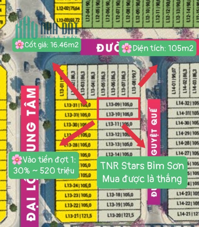 DỰ ÁN ĐẤT NỀN KHÔNG XÂY TNR STARS BỈM SƠN - BLOCK 13 CÒN 2 LÔ CUỐI