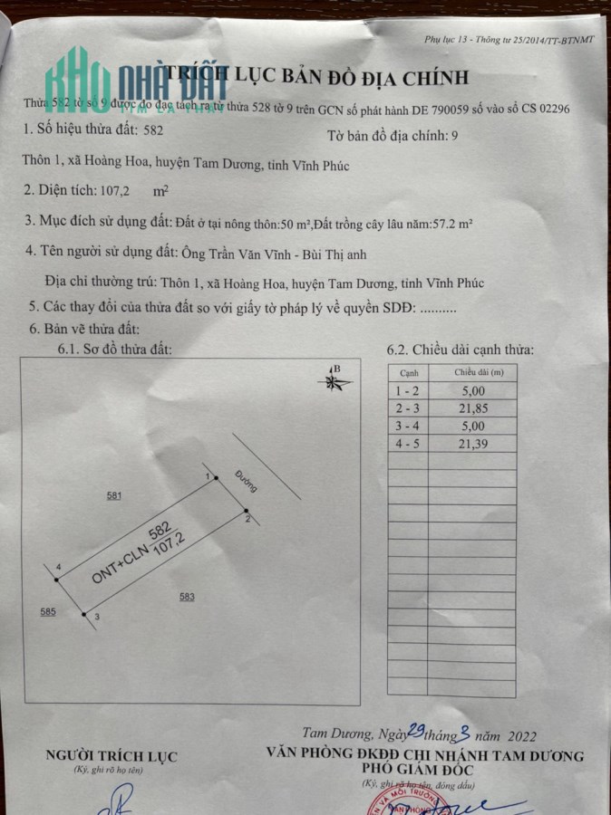 Cần thanh khoản gấp 107,2m đất tại Hoàng Hoa - Tam Dương. Lh:0978969850
