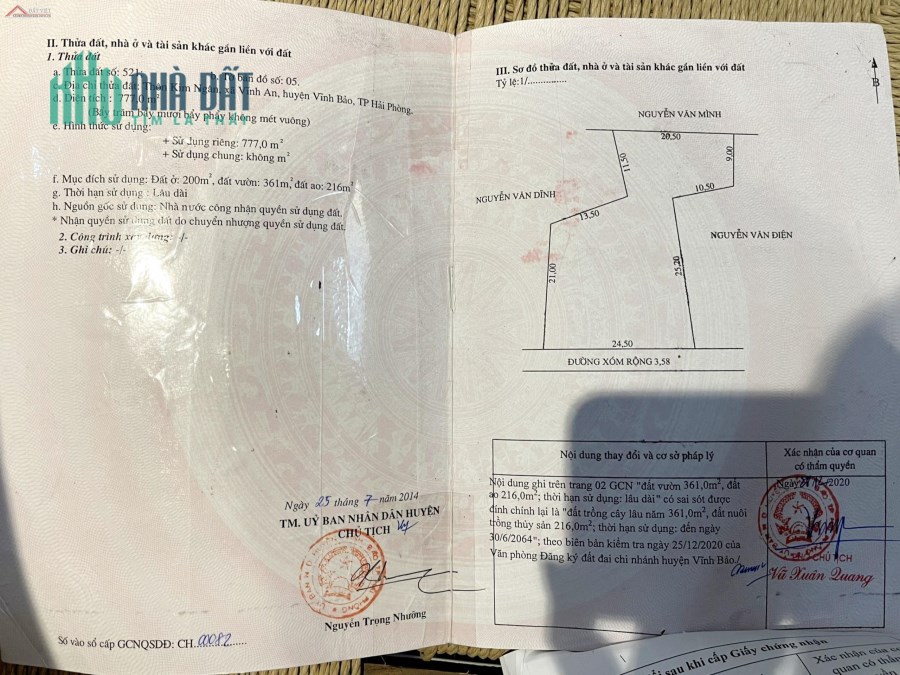 CHÍNH CHỦ CẦN BÁN ĐẤT VĨNH BẢO, TP HẢI PHÒNG