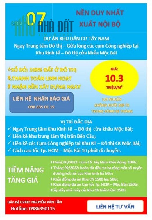 Mở bán đất nền dự án KDC Tây Nam Full Thổ Cư ngay Bến Cầu - Tây Ninh, Giá đầu tư