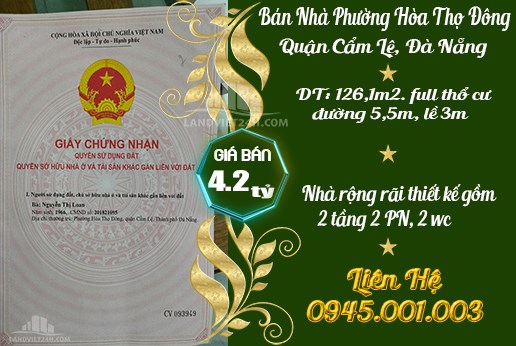 Chính chủ bán nhà Bàu Gia Thượng 1, P.Hòa Thọ Đông, Cẩm Lệ, Đà Nẵng, 4,2 tỷ, 0945001003