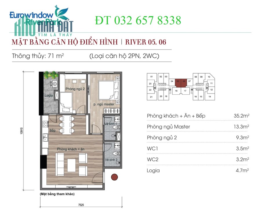EUROWINDOUW  RIVER  PARK CĂN 2 NGỦ/ 71M2/ VIEW SÔNG ĐT 0326578338