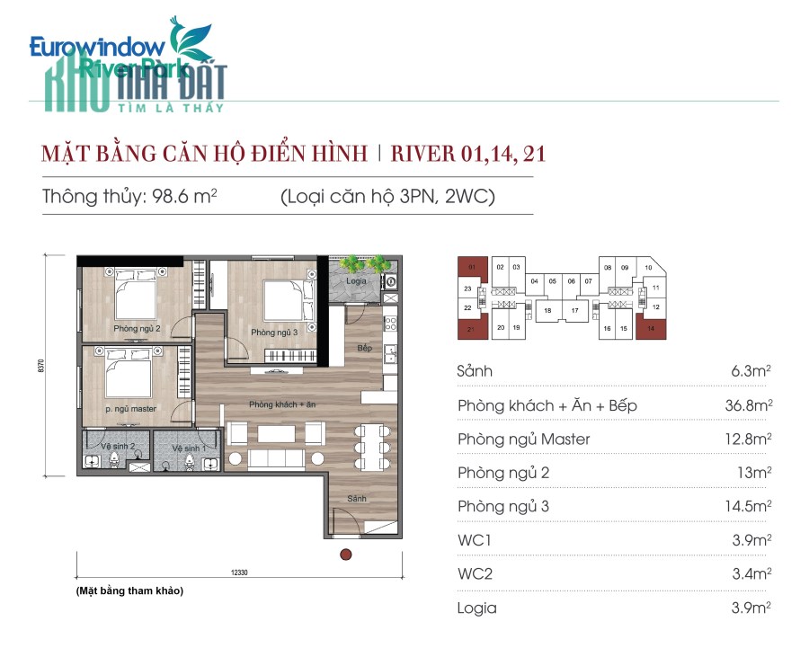CĂN GÓC 3  PHÒNG NGỦ: 98M2 VIEW SÔNG VÀ BIỆT THỰ: HƯỚNG ĐÔNG BẮC- TÂY BẮC: