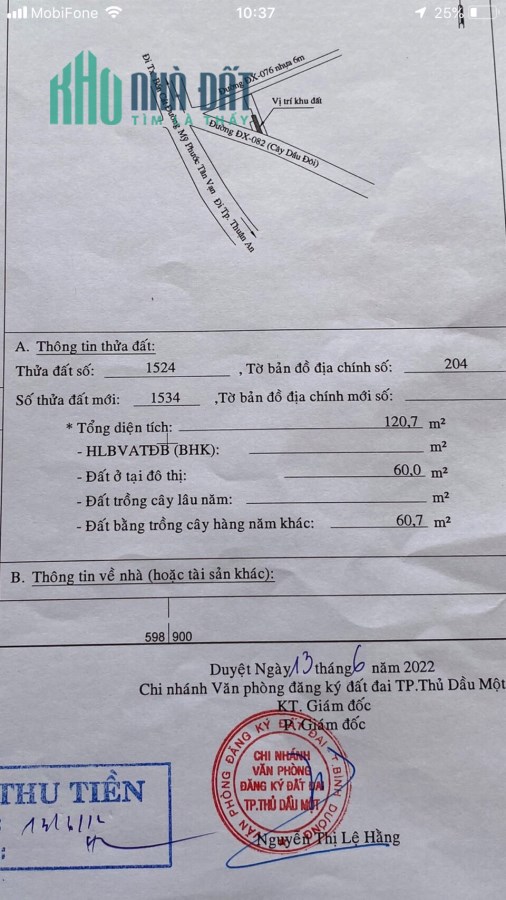 Mặt tiền Đường DX 082 , hướng Đông Nam . Phường Định Hoà , TP Thủ dầu Một