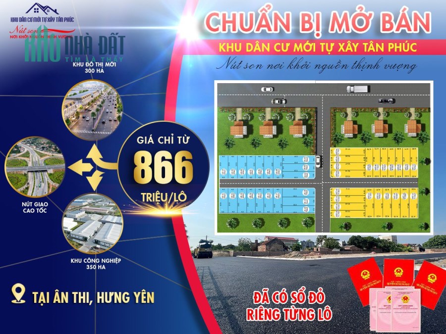 CẦN BÁN ĐẤT GẦN NÚT GIAO TÂN PHÚC ÂN THI CHỈ 866TR/LÔ