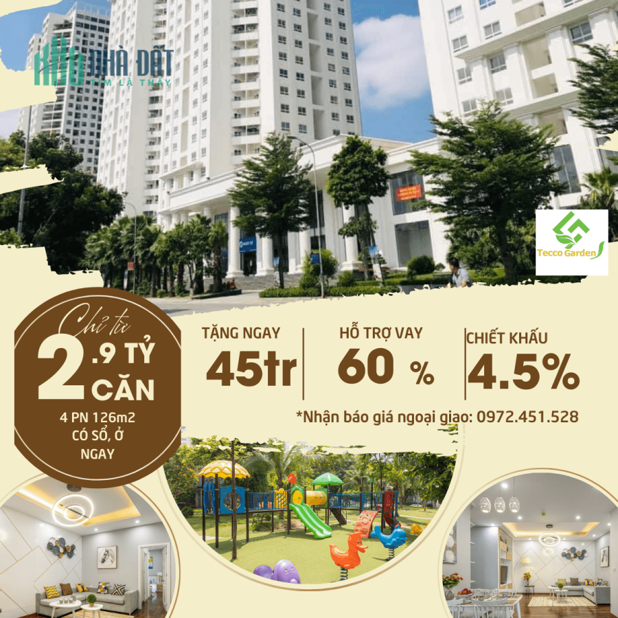 Căn hộ 4PN3WC giá từ 2.9 tỷ 127m2 Tecco Garden Thanh Trì