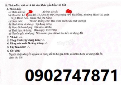 Chính chủ cho thuê đất mặt tiền khu đô thị FPT tại quận Ngũ Hành Sơn – Đà Nẵng; 0902747871