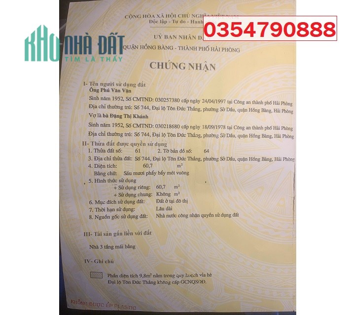Bán nhà vị trí đẹp số 744 Tôn Đức Thắng, P.Sở Dầu, Hồng Bàng, HP, 3,5 tỷ; 0354790888