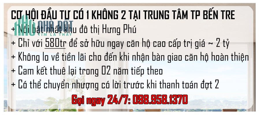 Cơ hội đầu tư căn hộ cao cấp đầu tiên và duy nhất tại trung tâm Tp. Bến Tre