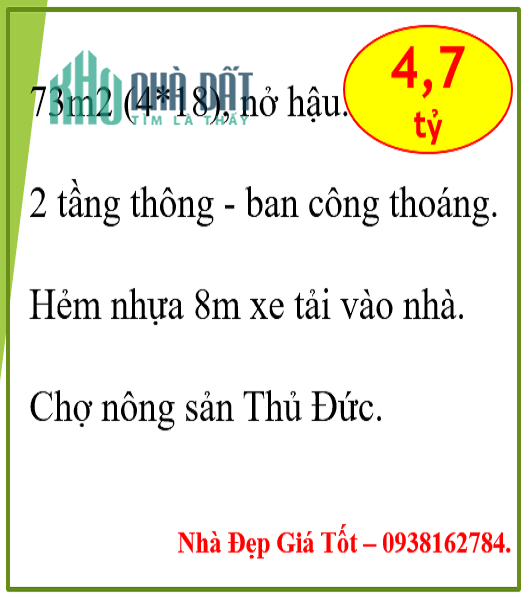 73m2(4×18)- 2 tầng- Ngô Chí Quốc- Bình Chiểu- Hẻm nhựa 8m-Ô tô vào nhà-4.7 tỷ