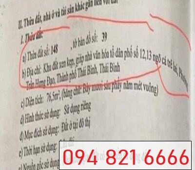 Chính chủ có đất 2 mặt tiền cần bán tại Thành phố Thái Bình; 0948216666