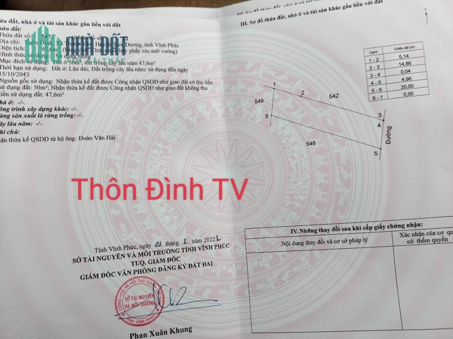 Bán 97.5 m2 lô đất thôn đình , Thanh Vân ,Tam Dương. 750tr.Liên hệ: 0986.454.393-0986.797.222