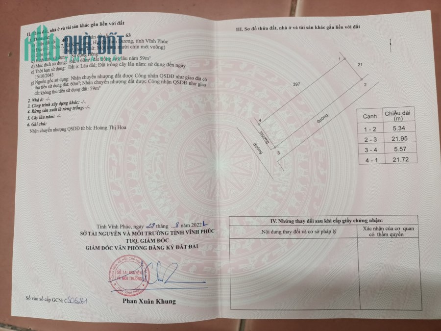Bán 119 m2 đất thổ cư thôn 7 , kim long ,Tam dương. giá : 1,45 tỷ.Liên hệ: 0986.797.222-09