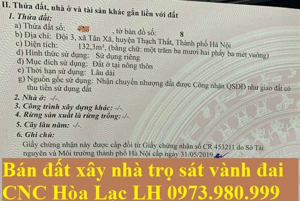 Bán đất Thôn 2 Tân Xã Thạch Thất Hà Nội, Sát Vành Đai CNC Hòa Lạc LH 0973980999