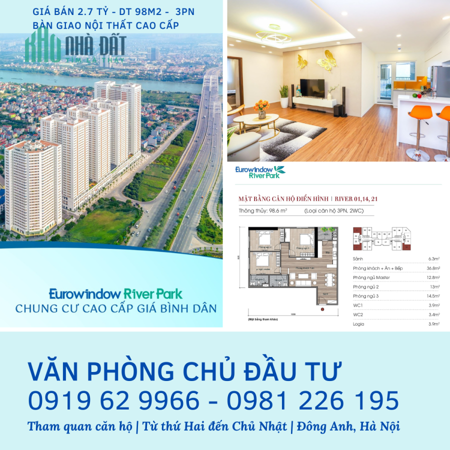 Bán căn góc 3PN DT 98.6m tầng trung tòa River giá 2.872 tỷ nội thất cao cấp