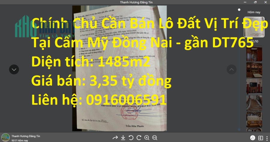 Chính Chủ Cần Bán Lô Đất Vị Trí Đẹp Tại Cẩm Mỹ Đồng Nai – gần DT765
