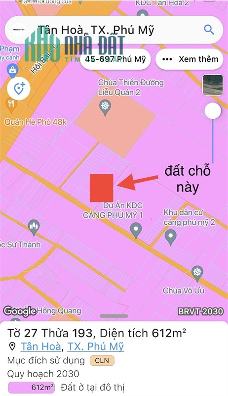 Đất sạch phủ hồng , trung tâm xã Tân Hòa - thị xã Phú Mỹ, giá chỉ 6tr/m2