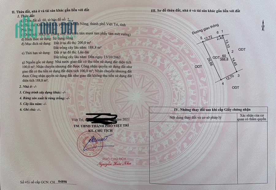 Chính chủ cần bán lô đất tại Khu Đoàn Kết - phường Minh Nông – TP Việt Trì – Tỉnh Phú Thọ.