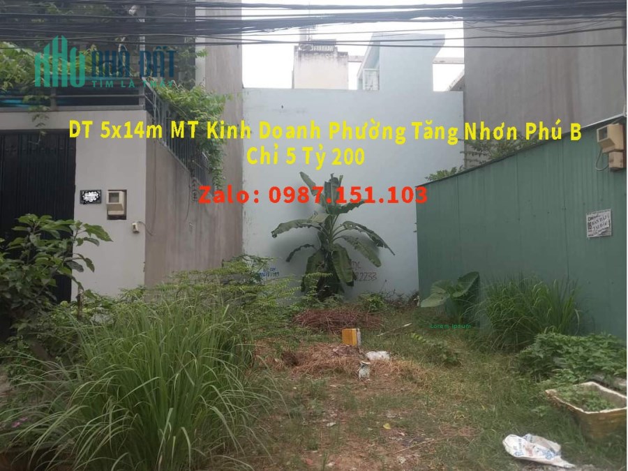Đất Mặt Tiền Kinh Doanh Đường Số 2, Tăng Nhơn Phú B. DT 60m2, 5x14m. Xây Dựng Tự Do. 5 Tỷ 100