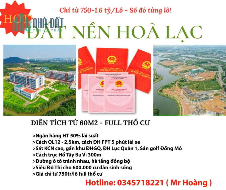 ĐẤT NỀN HÒA LẠC DIỆN TÍCH TỪ 60M2 - FULL THỔ CƯ