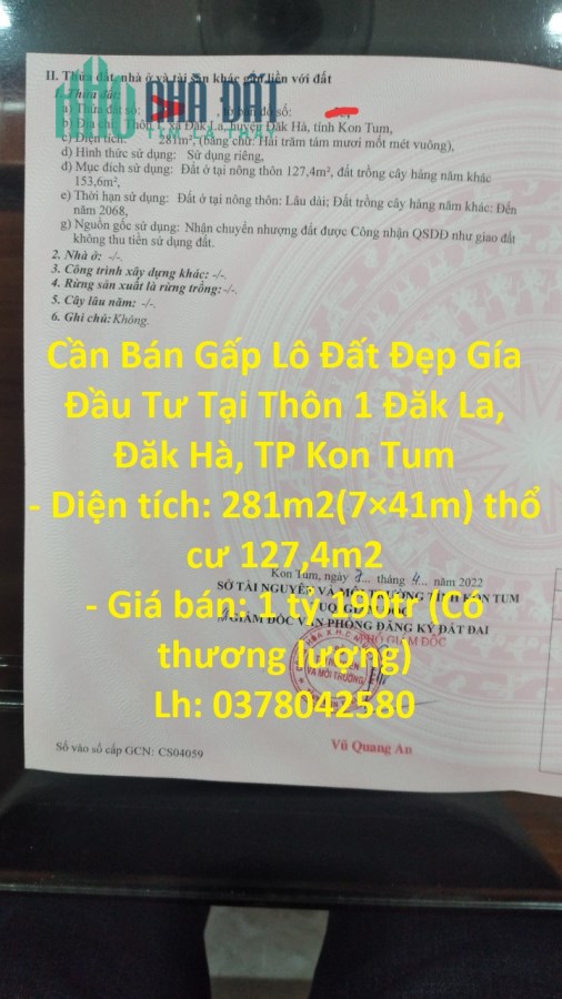 Cần Bán Gấp Lô Đất Đẹp Gía Đầu Tư Tại Thôn 1 Đăk La,  Đăk Hà, TP Kon Tum