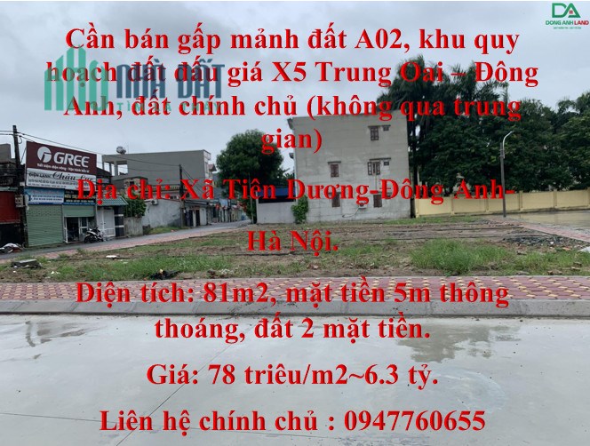 Cần bán gấp mảnh đất A02, khu quy hoạch đất đấu giá X5 Trung Oai – Đông Anh, đất chính chủ (không