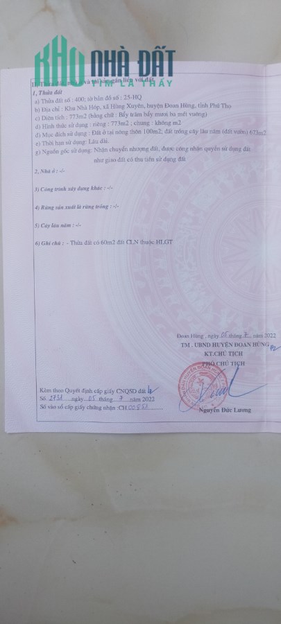 Chính chủ cần tiền bán nhanh lô đất tại Khu Nhà Hóp - Xã Hùng Xuyên - Huyện Đoan Hùng - Tỉnh Phú