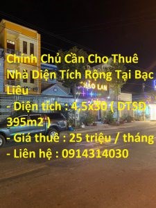 Chính Chủ Cần Cho Thuê Nhà Diện Tích Rộng Tại Bạc Liêu