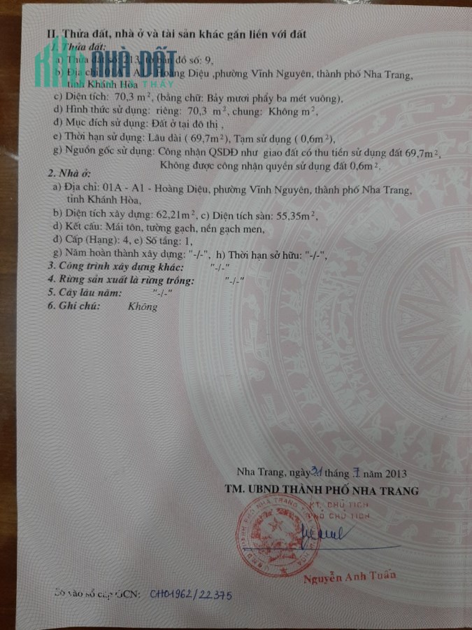 BÁN ĐẤT NỀN NHA TRANG, KHÁNH HÒA, DT 69M² NGANG 5,5M, GIÁ 3,6 TỶ