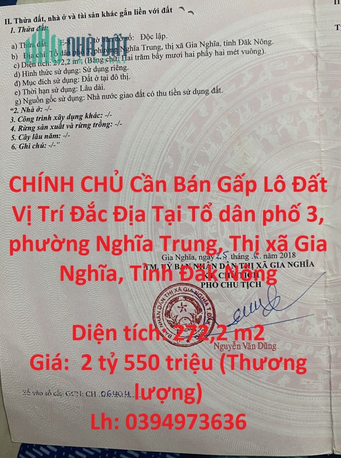CHÍNH CHỦ Cần Bán Gấp Lô Đất Vị Trí Đắc Địa Tại Thị xã Gia Nghĩa, Tỉnh Đăk Nông