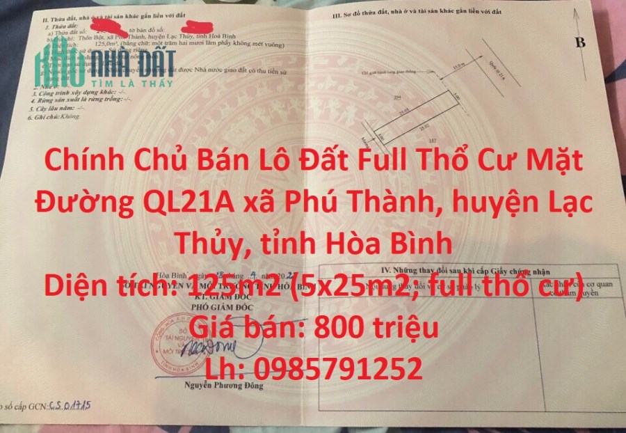 Chính Chủ Bán Lô Đất Full Thổ Cư Mặt Đường QL21A Lạc Thủy- Hòa Bình