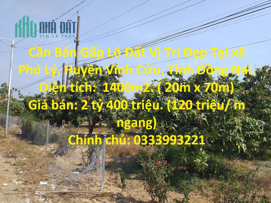 Cần Bán Gấp Lô Đất Vị Trí Đẹp Tại Huyện Vĩnh Cửu, Tỉnh Đồng Nai.