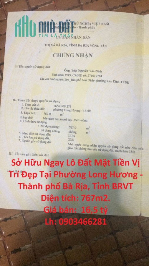 Sở Hữu Ngay Lô Đất Mặt Tiền Vị Trí Đẹp Tại Phường Long Hương - Thành phố Bà Rịa, Tỉnh Bà Rịa Rịa