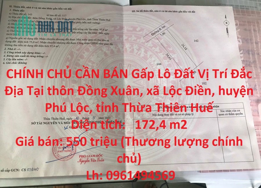 CHÍNH CHỦ CẦN BÁN Gấp Lô Đất Vị Trí Đắc Địa Tại Tỉnh Thừa Thiên Huế