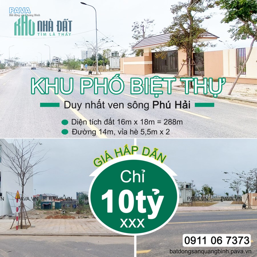 đất nền biệt thự phú hải duy nhất trong khu biệt thự nhà phố trung tâm đồng hới 288m2 chỉ 5 tỷ